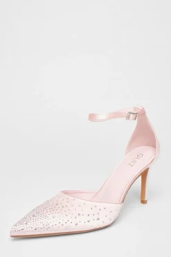 Quiz Satin Diamante Court Heels Pink Clearance