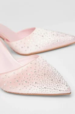 Quiz Satin Diamante Court Heels Pink Clearance