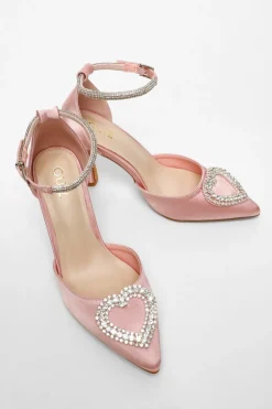 Quiz Pink Satin Diamante Heart Brooch Court Heels Best