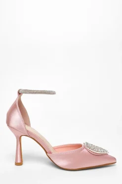 Quiz Pink Satin Diamante Heart Brooch Court Heels Best