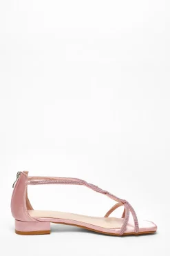 Quiz Satin Diamante T-Strap Flat Sandals Pink Clearance