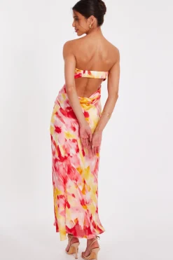 Quiz Pink Satin Floral Smudge Maxi Dress Sale