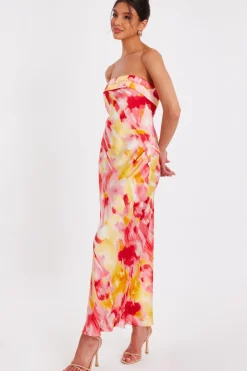 Quiz Pink Satin Floral Smudge Maxi Dress Sale