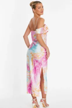 Quiz Pink Satin Marble Print Midaxi Dress Online