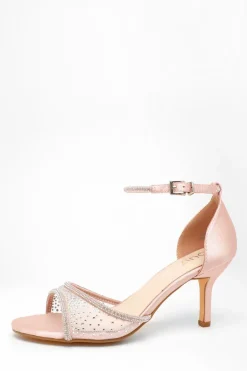 Quiz Satin Mesh Diamante Heeled Sandal Pink Clearance