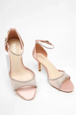 Quiz Satin Mesh Diamante Heeled Sandal Pink Clearance