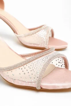 Quiz Satin Mesh Diamante Heeled Sandal Pink Clearance