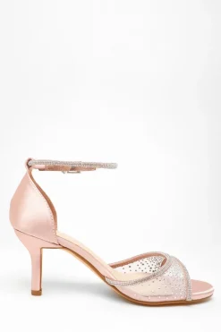 Quiz Satin Mesh Diamante Heeled Sandal Pink Clearance