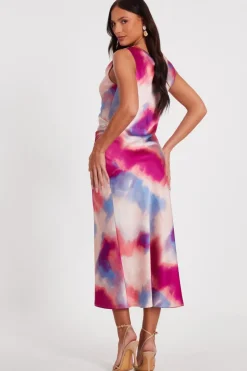 Quiz Pink Satin Tie Dye Midi Dress New