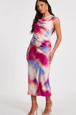 Quiz Pink Satin Tie Dye Midi Dress New
