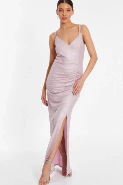 Quiz Pink Shimmer Ruched Maxi Dress Hot