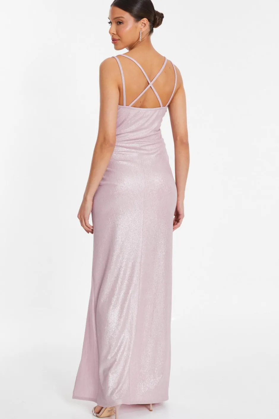 Quiz Pink Shimmer Ruched Maxi Dress Hot