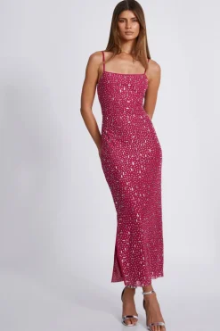 Quiz Square Neck Embellished Maxi Dress Pink Hot