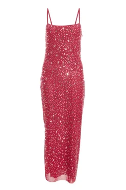 Quiz Square Neck Embellished Maxi Dress Pink Hot