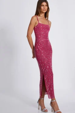 Quiz Square Neck Embellished Maxi Dress Pink Hot