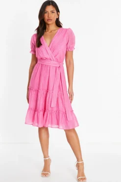 Quiz Pink Textured Frill Skater Midi Dress Outlet