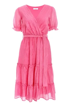 Quiz Pink Textured Frill Skater Midi Dress Outlet