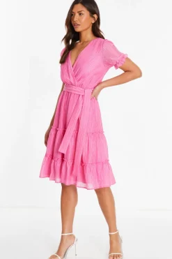 Quiz Pink Textured Frill Skater Midi Dress Outlet