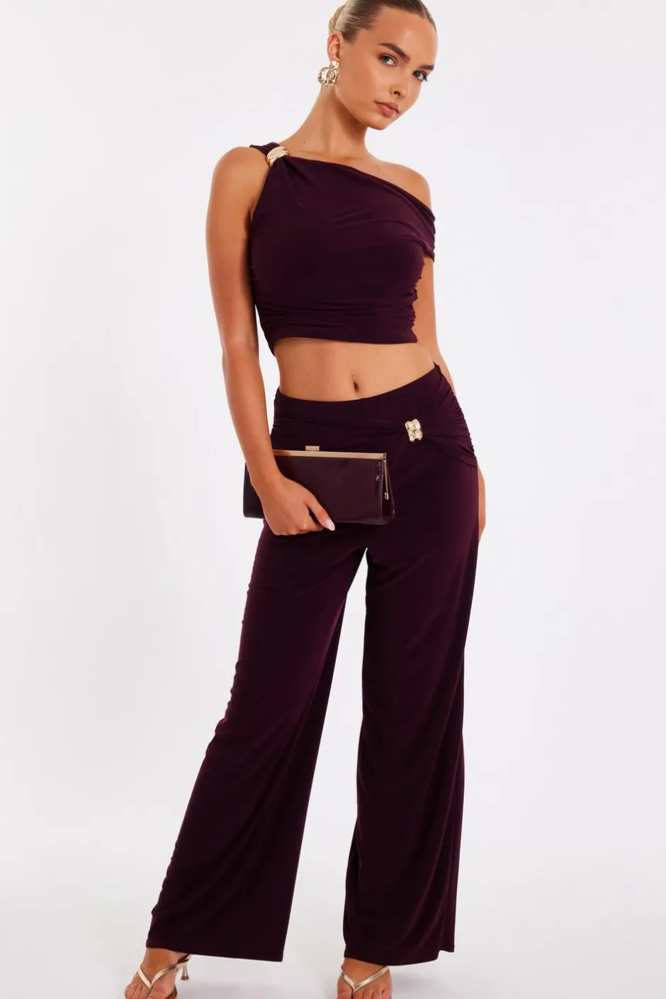 Quiz Buckle Wide Leg Trousers Plum New