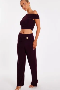 Quiz Buckle Wide Leg Trousers Plum New