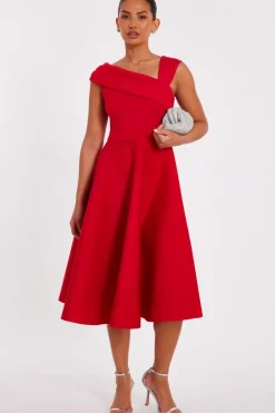 Quiz Asymmetric Midi Dress Red Clearance