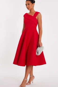Quiz Asymmetric Midi Dress Red Clearance