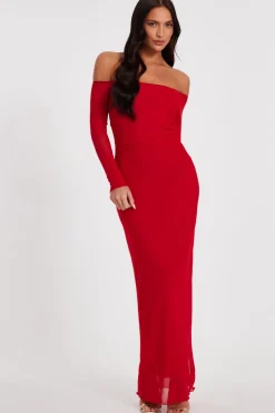 Quiz Red Bardot Mesh Midaxi Dress Online