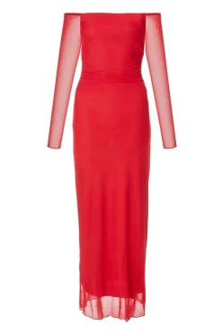 Quiz Red Bardot Mesh Midaxi Dress Online