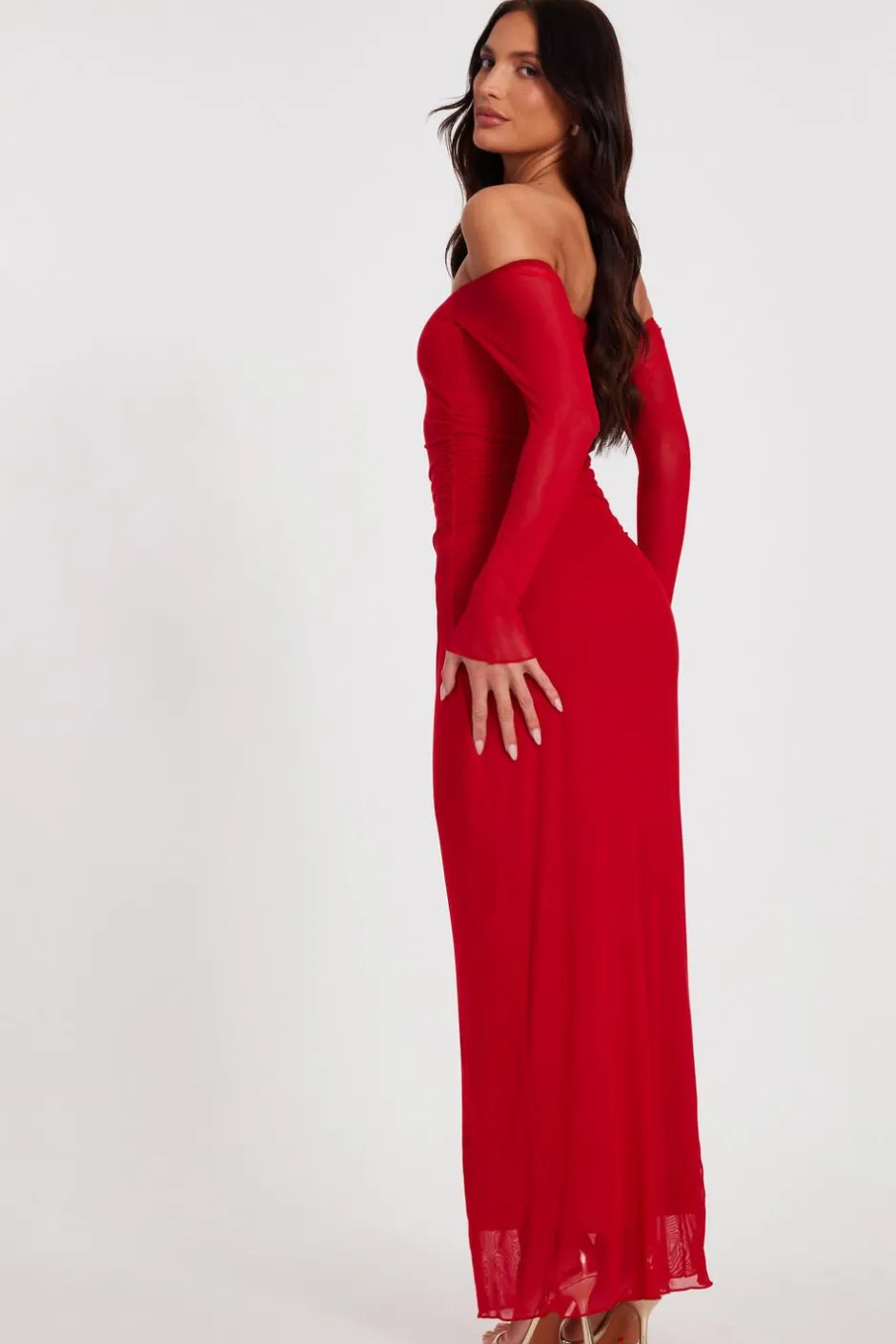 Quiz Red Bardot Mesh Midaxi Dress Online