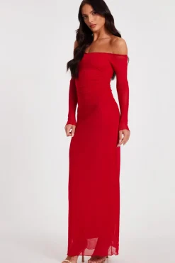 Quiz Red Bardot Mesh Midaxi Dress Online