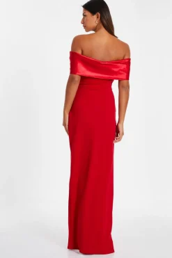 Quiz Red Bardot Ruched Maxi Dress Discount