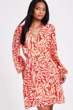 Quiz Red Chiffon Floral Skater Dress Hot