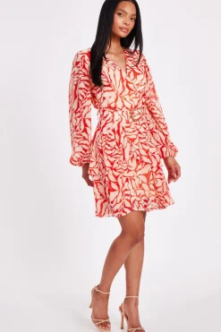 Quiz Red Chiffon Floral Skater Dress Hot