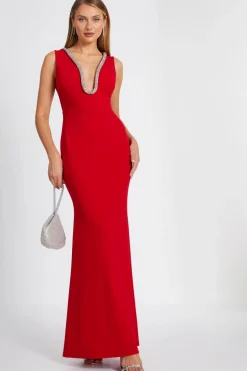 Quiz Red Diamante Trim Fishtail Maxi Dress Hot