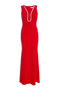 Quiz Red Diamante Trim Fishtail Maxi Dress Hot