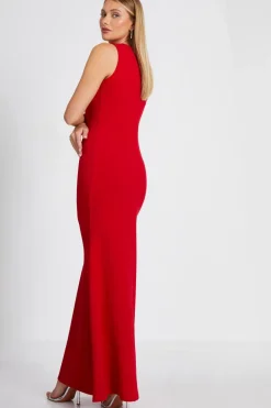 Quiz Red Diamante Trim Fishtail Maxi Dress Hot