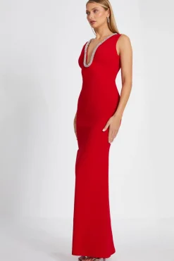 Quiz Red Diamante Trim Fishtail Maxi Dress Hot