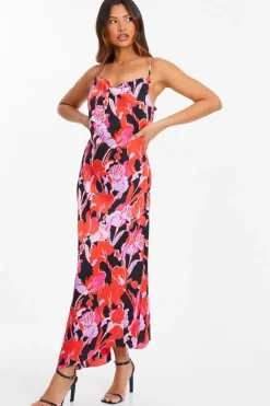 Quiz Red Floral Satin Midaxi Dress Outlet