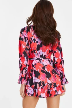 Quiz Red Floral Satin Wrap Playsuit Outlet