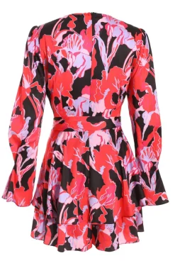 Quiz Red Floral Satin Wrap Playsuit Outlet