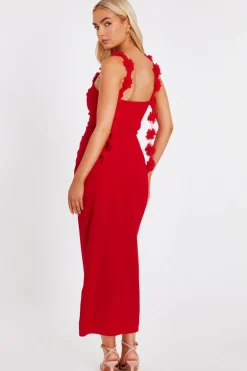 Quiz Floral Trim Midaxi Dress Red Sale