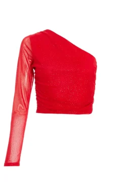 Quiz Red Glitter Mesh Crop Top Discount