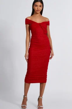 Quiz Red Glitter Mesh Midi Dress Online