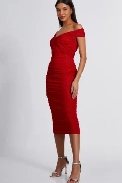 Quiz Red Glitter Mesh Midi Dress Online