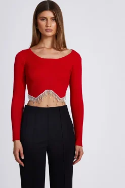 Quiz Knit Diamante Crop Top Red Online