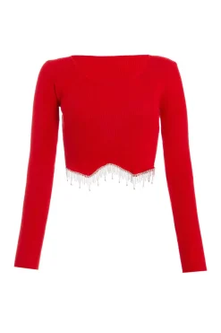 Quiz Knit Diamante Crop Top Red Online
