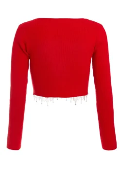 Quiz Knit Diamante Crop Top Red Online