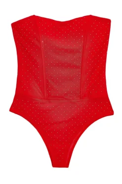 Quiz Red Mesh Embellished Bodysuit New