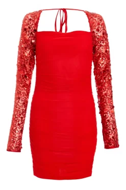 Quiz Red Mesh Embellished Sleeves Mini Dress New