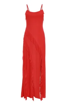 Quiz Red Mesh Ruffle Maxi Dress New